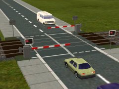 UK Automatic Half Barrier level crossing. This style is appropriate for the 1970's up to the current day. This should be used where road traffic is relatively light. In heavier traffic areas, use a Full Barrier skirted CCTV level crossing.